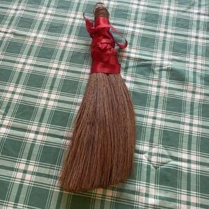 Vintage Straw Hearth Broom With Red Ribbon Rustic Country Farmhouse Decor